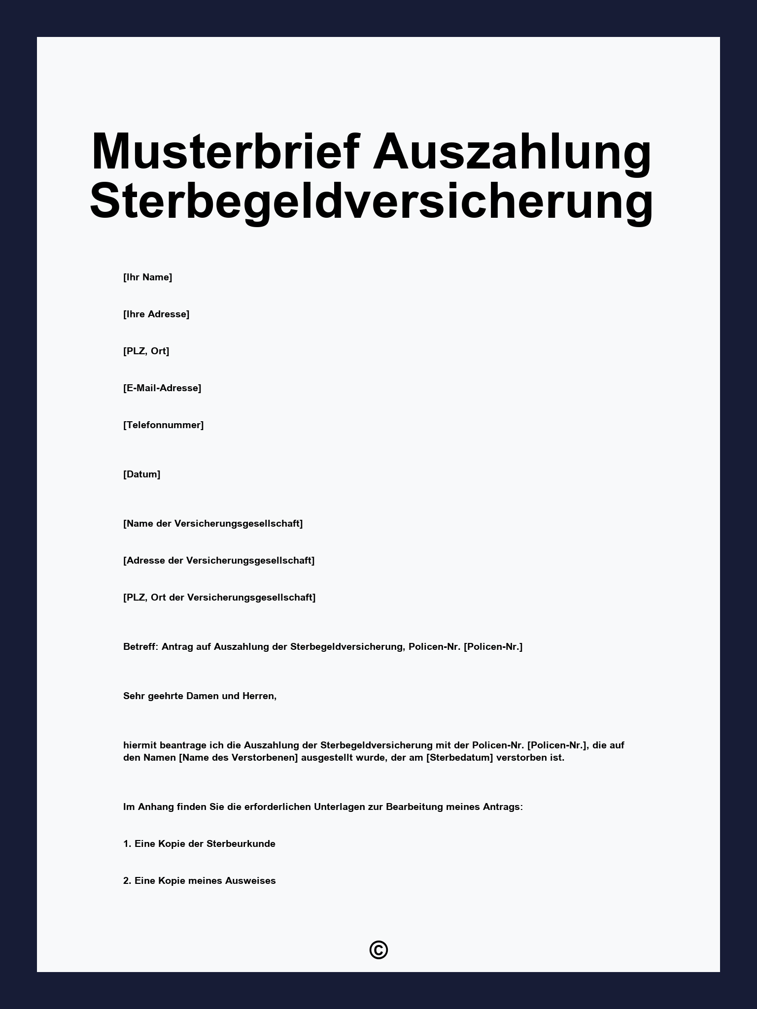 Musterbrief Auszahlung Sterbegeldversicherung