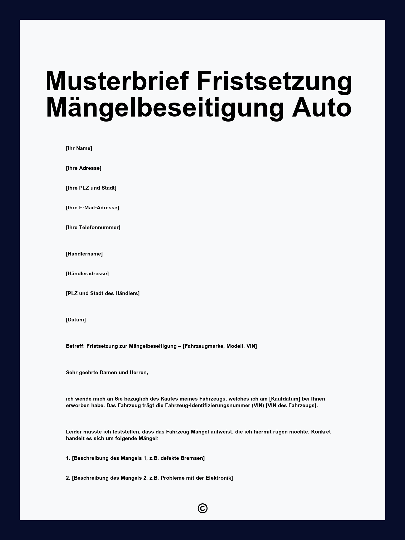 Musterbrief Fristsetzung Mängelbeseitigung Auto